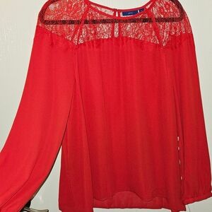 Apt. 9 Vibrant Red Lace Yoke Long Sleeve Blouse